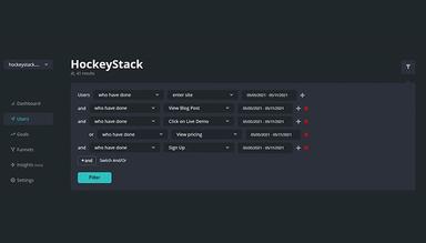 HockeyStack Use user & session properties, goals, custom attributes, and more to filter your visitors and see their sessions. Define them as segments with one click