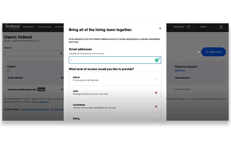 Indeed for Employers Adding Users