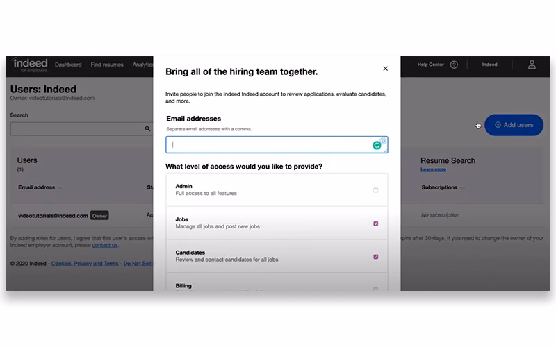 Indeed for Employers Adding Users