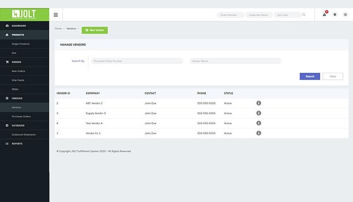 Jolt Fulfillment System Vendor Management