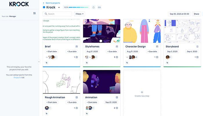 Project Overview - custom pipeline that consists of the steps, created according to your projects´ needs. Various step types include: Brief, Image, Video and Storyboard Project Overview