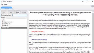 Liberty React Built-in word editor to create promotional letters, consignor contracts, and notices with merge fields to make every letter emailed unique to their recipients
