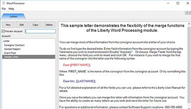Liberty React Built-in word editor to create promotional letters, consignor contracts, and notices with merge fields to make every letter emailed unique to their recipients