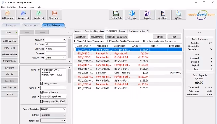 Liberty React Consignor account screen provides transactions history, tabbed interface for quick access to all consignor account data and history