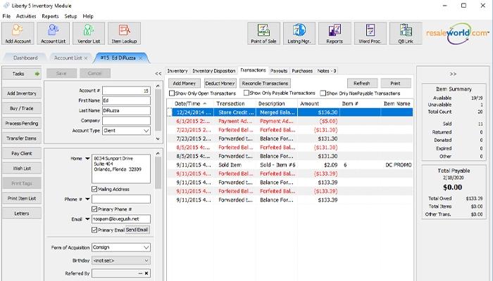 Liberty React Consignor account screen provides transactions history, tabbed interface for quick access to all consignor account data and history