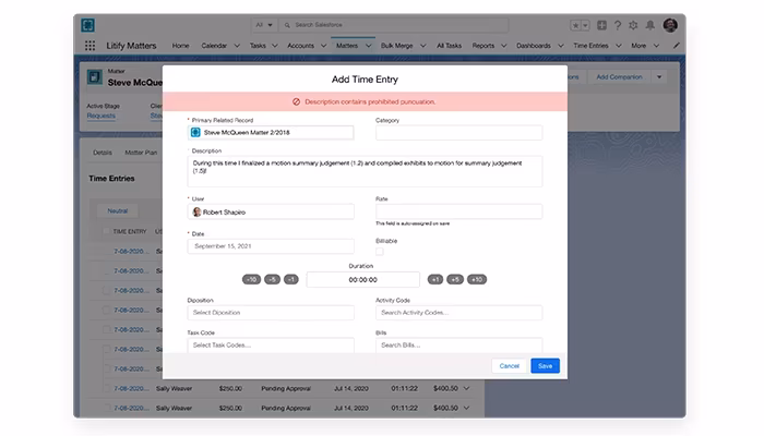 Litify Automated billing rules automatically enforce your clients’ billing guidelines, so there’s less for bill reviewers to write down