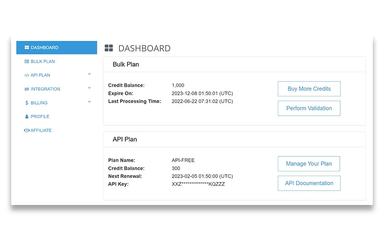 MailboxValidator user dashboard