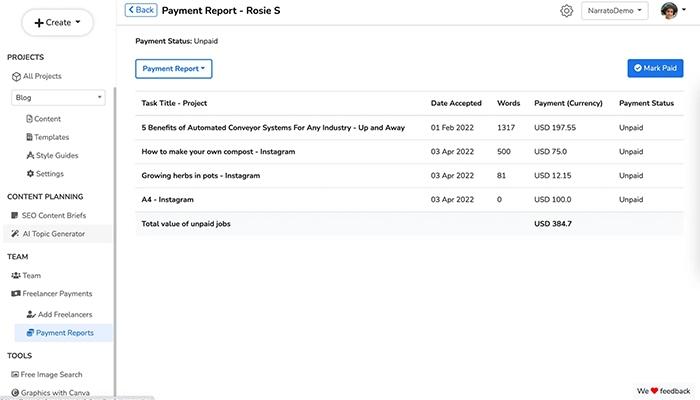 Narrato Workspace Track and manage payments