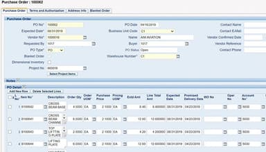 OmegaCube ERP Purchase Order Screen
