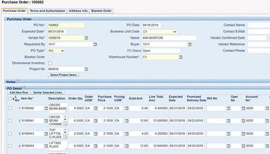 OmegaCube ERP Purchase Order Screen