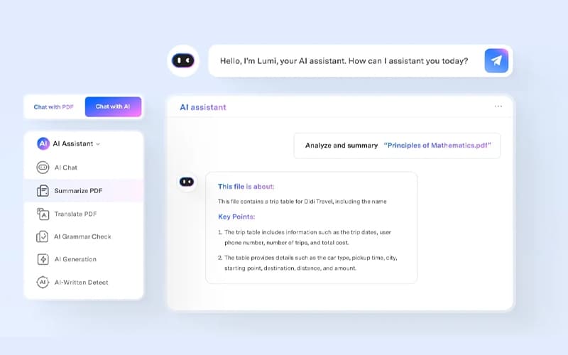 PDFelement AI-powered support for chatting with PDFs/summaring/proofreading/rewriting/explaining/translating the PDF file content.