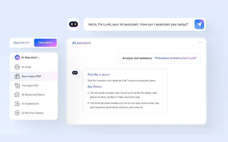 PDFelement AI-powered support for chatting with PDFs/summaring/proofreading/rewriting/explaining/translating the PDF file content.