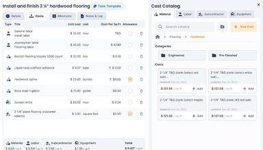 Quickly create tasks and task templates with ConGenius by adding material, labor, subcontractor, and equipment rental costs to save time on future estimates.