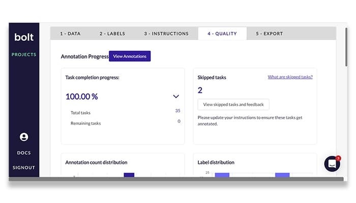 SUPA A summary of the project status i.e. task progress, annotation count and distribution, label distribution, number of task skipped