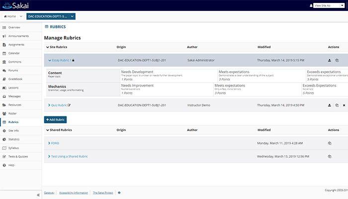 Sakai LMS-rubrics