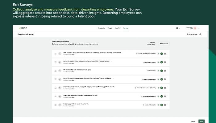Screenshot of Xref Exit Surveys dashboard used for customising a standard exit survey