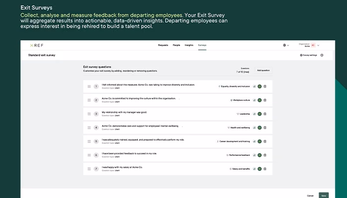 Screenshot of Xref Exit Surveys dashboard used for customising a standard exit survey