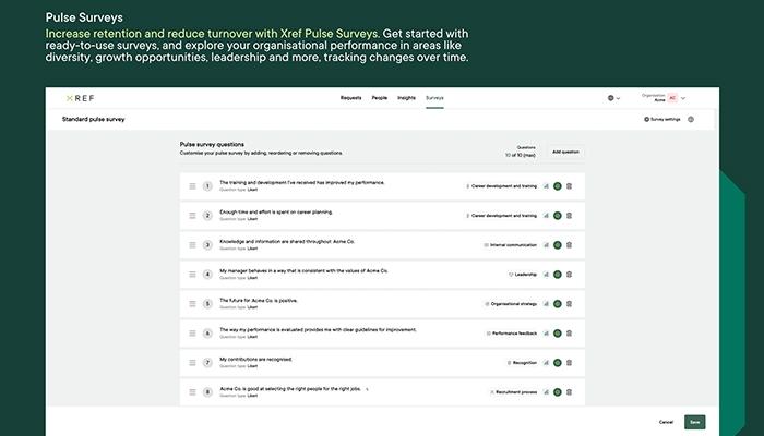 Screenshot of Xref Pulse Surveys questions to collect employee feedback