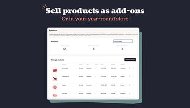 Sell merch, digital downloads and more on Ticket Tailor either alongside tickets as add-ons, or from your very own year-round store. Products can be redeemed by QR code, just like tickets.