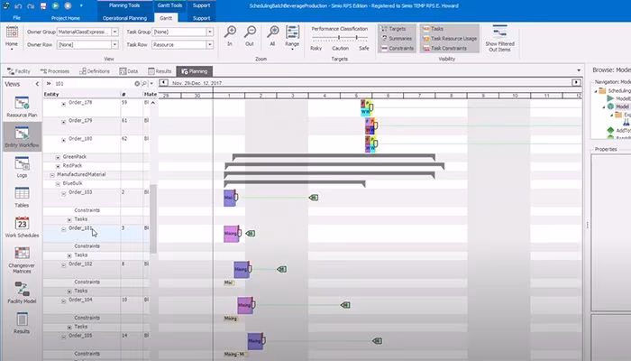 Simio entity workflow Gantt