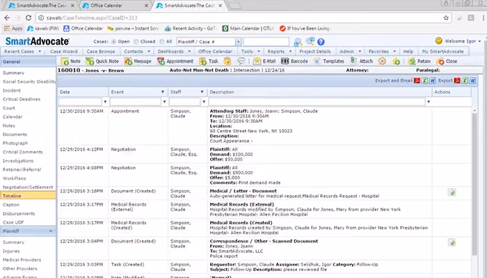 SmartAdvocate Case timeline