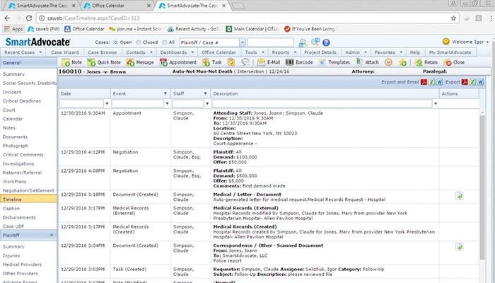 SmartAdvocate Case timeline