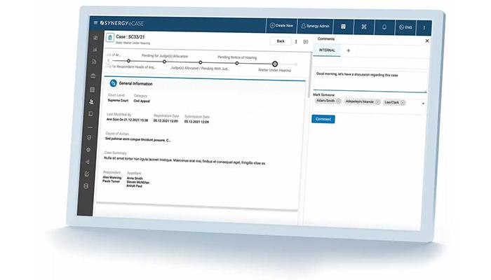 e-Filing & Online Case Data Entry - Supports logging and updating of cases, streamlining case filing for administrative staff, reducing potential backlogs, and eliminating the risks associated with physical case file, as well as online case collaboration.