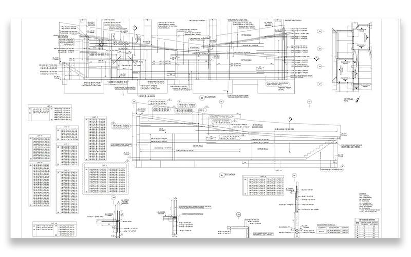 Generate steel, concrete and rebar drawings, including fabrication details and rebar schedules