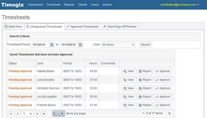 Timogix Pending Timesheets