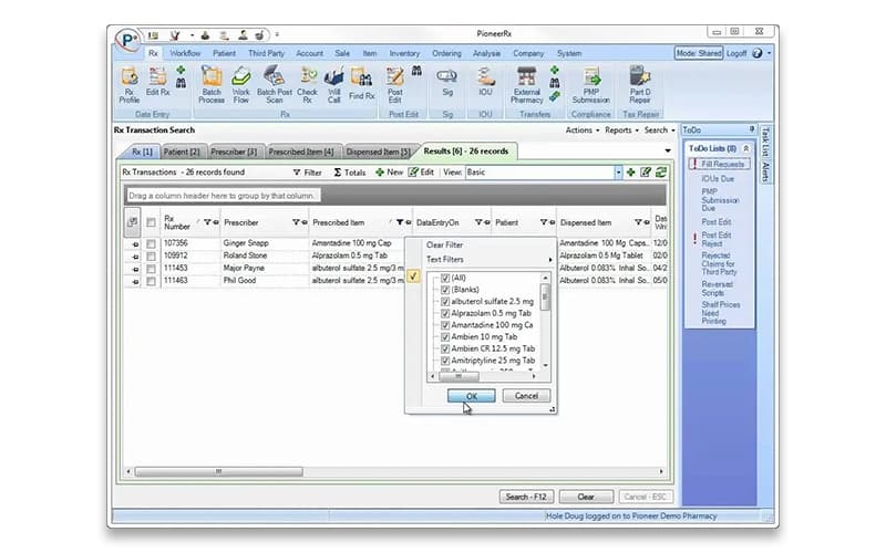 PioneerRx Transaction Search