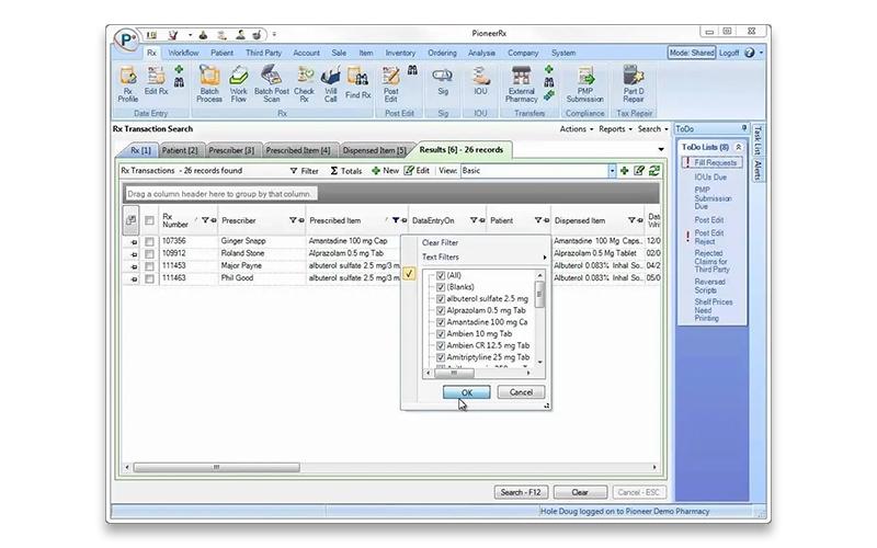 PioneerRx Transaction Search