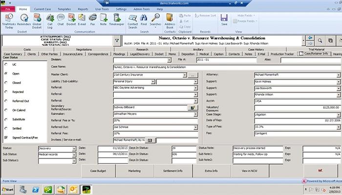 TrialWorks Log case information