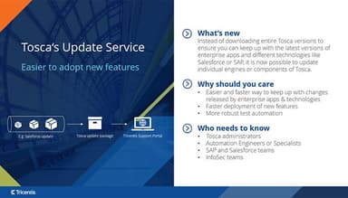 Tricentis Tosca Update service enables you to update single technologies of Tosca, removing the need to update entire Tosca versions - enabling you to keep up with innovation faster