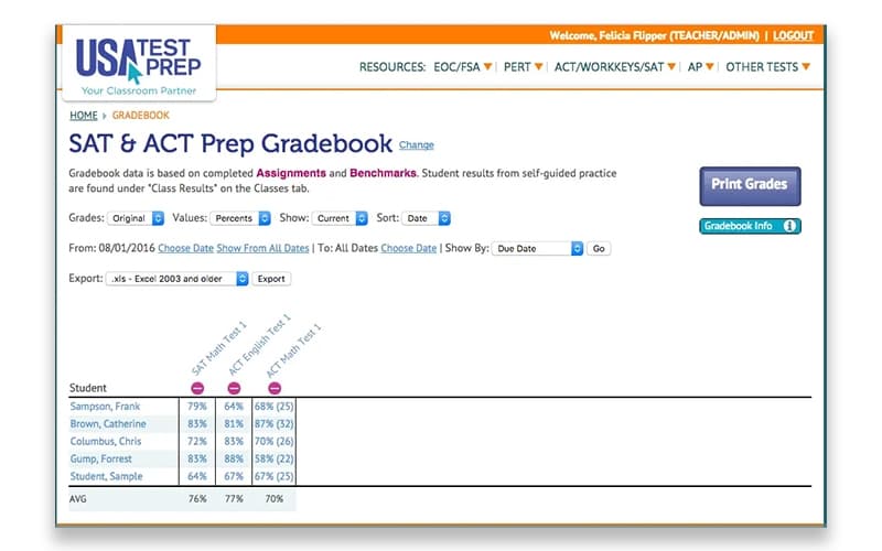 USATestprep SAT & ACT Prep Gradebook