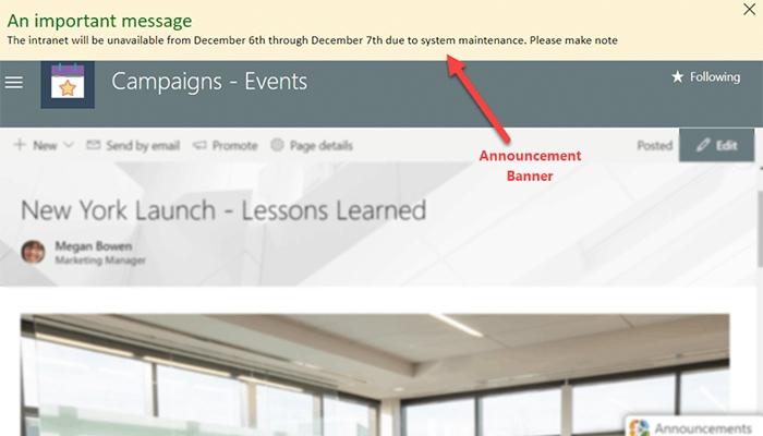 VisualSP’s announcement bar displays a custom message at the top or bottom of any Microsoft 365 application