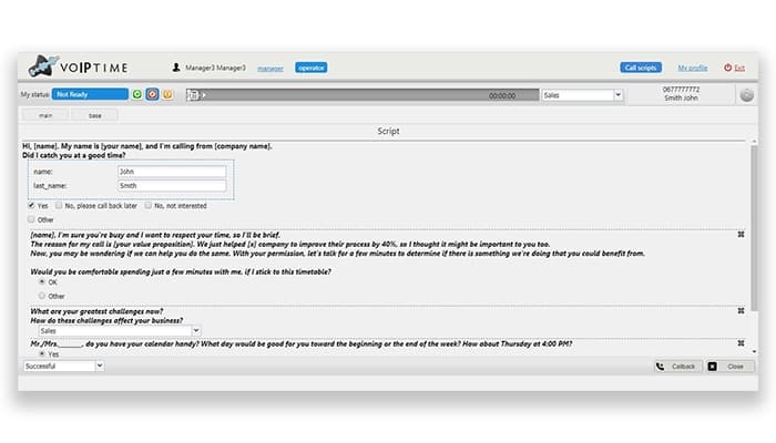 Voiptime Cloud Agent interface with the call script