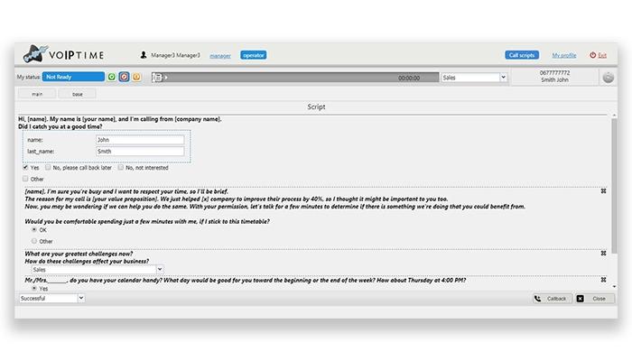 Voiptime Cloud Agent interface with the call script
