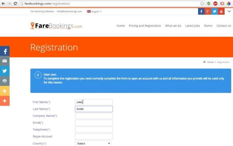 Taxi Booking Software Registration