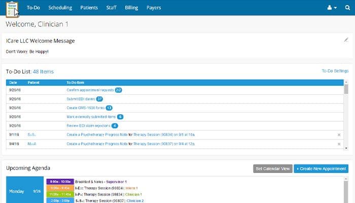 TherapyNotes EHR Welcome Page